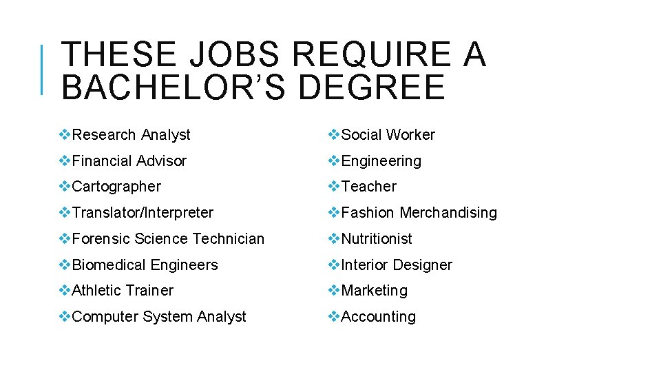 THESE JOBS REQUIRE A BACHELOR’S DEGREE v. Research Analyst v. Social Worker v. Financial