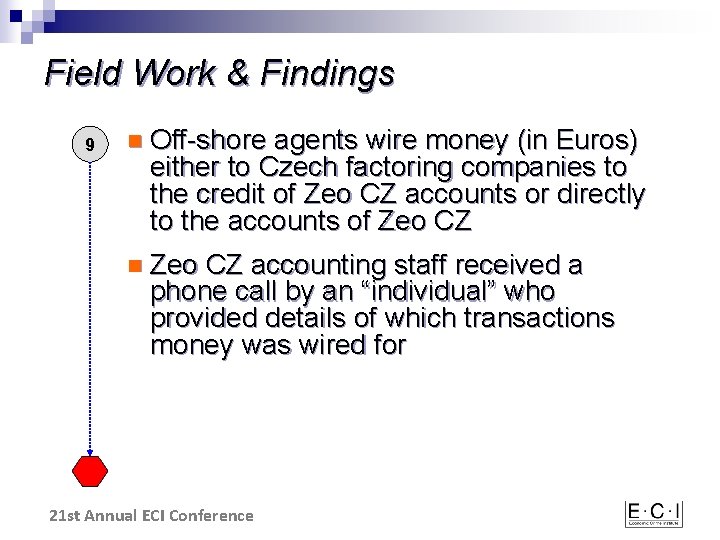 Field Work & Findings 9 n Off-shore agents wire money (in Euros) either to