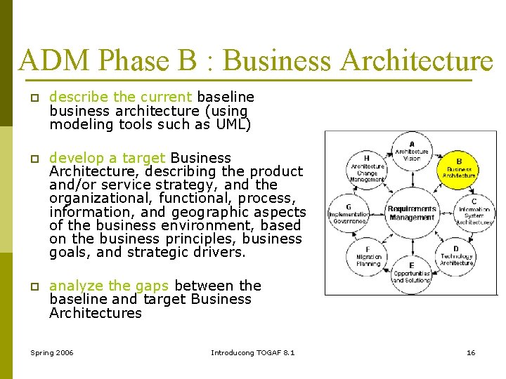 ADM Phase B : Business Architecture p describe the current baseline business architecture (using