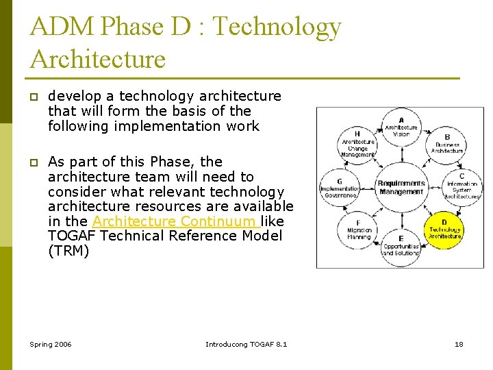 ADM Phase D : Technology Architecture p develop a technology architecture that will form