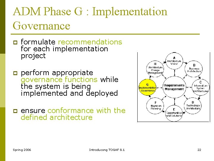 ADM Phase G : Implementation Governance p formulate recommendations for each implementation project p