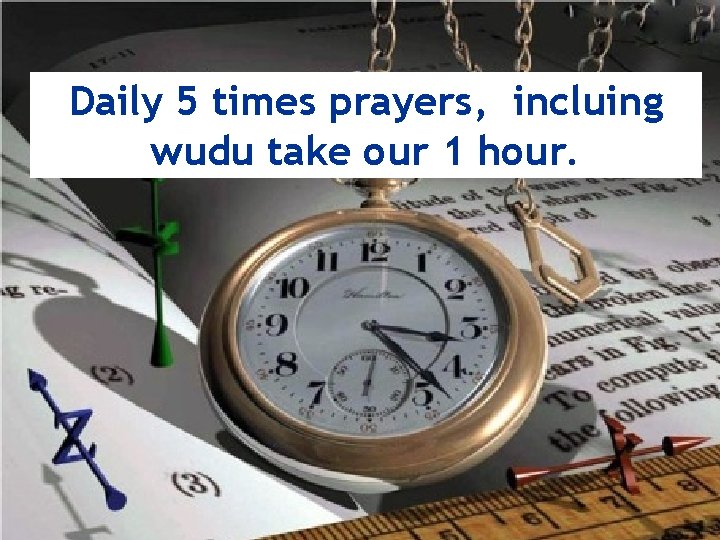 Daily 5 times prayers, incluing wudu take our 1 hour. 