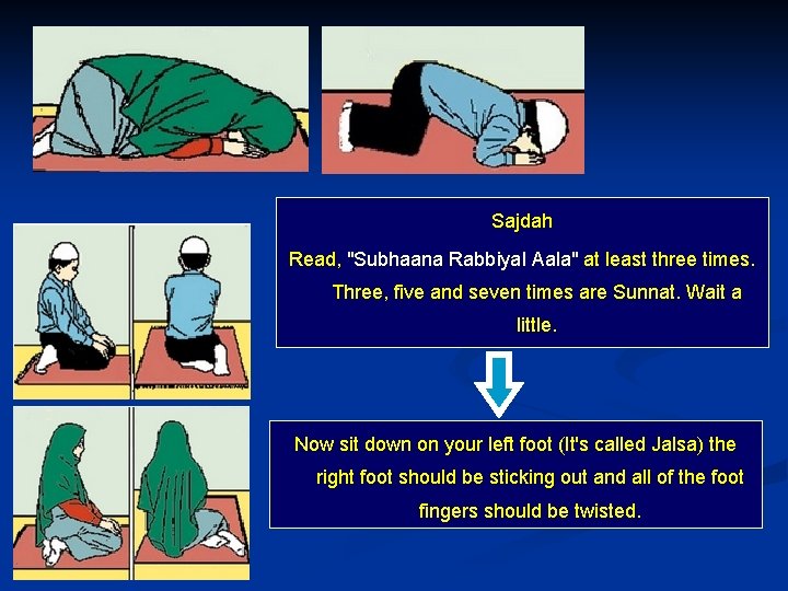 Sajdah Read, "Subhaana Rabbiyal Aala" at least three times. Three, five and seven times