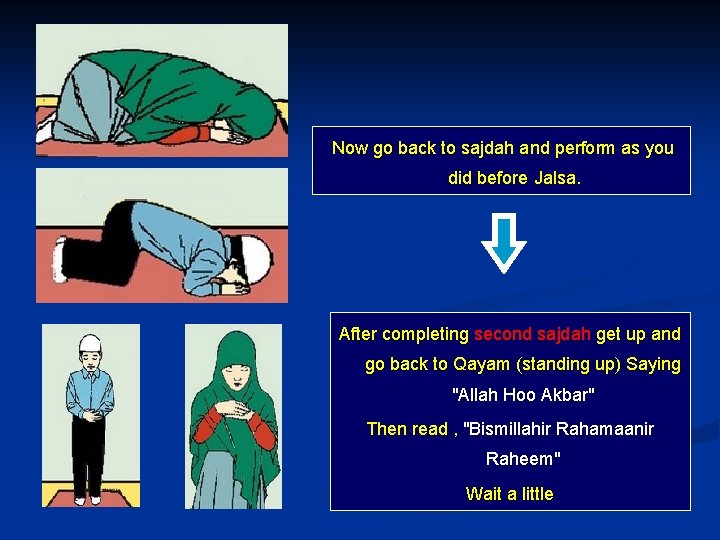 Now go back to sajdah and perform as you did before Jalsa. After completing