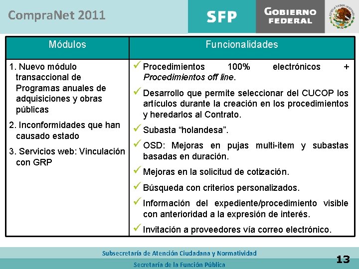 Compra. Net 2011 Módulos Funcionalidades 1. Nuevo módulo transaccional de Programas anuales de adquisiciones