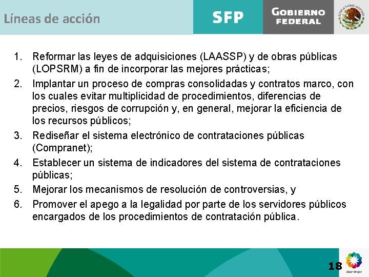 Líneas de acción 1. Reformar las leyes de adquisiciones (LAASSP) y de obras públicas