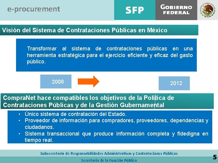 e-procurement Visión del Sistema de Contrataciones Públicas en México Transformar al sistema de contrataciones