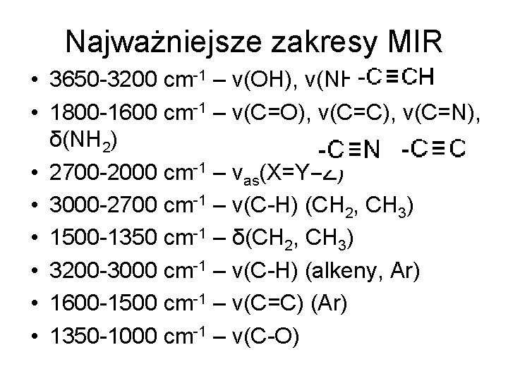 Najważniejsze zakresy MIR • 3650 -3200 cm-1 – ν(OH), ν(NH), • 1800 -1600 cm-1