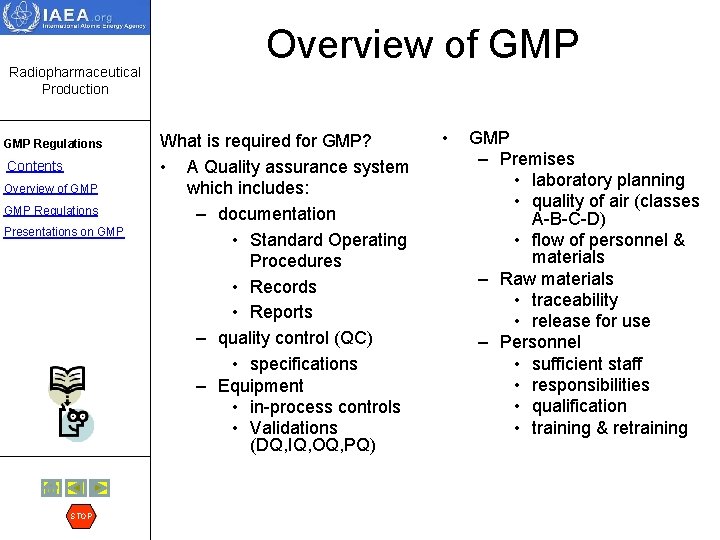 Radiopharmaceutical Production GMP Regulations Contents Overview of GMP Regulations Presentations on GMP STOP Overview