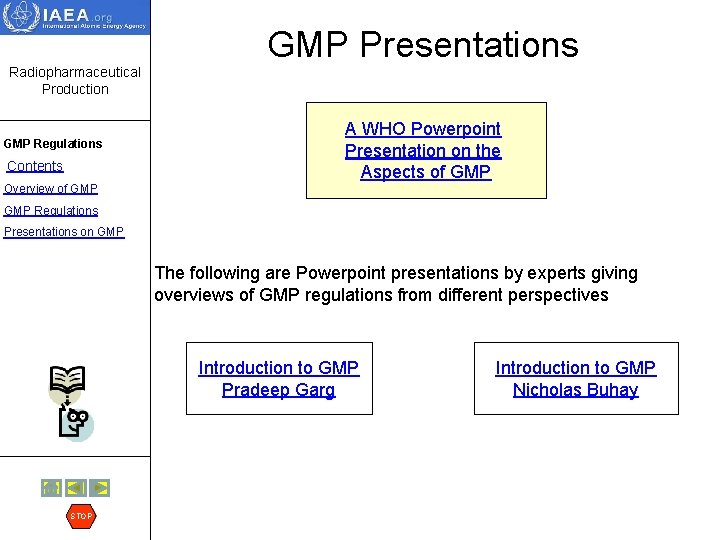 GMP Presentations Radiopharmaceutical Production GMP Regulations Contents A WHO Powerpoint Presentation on the Aspects