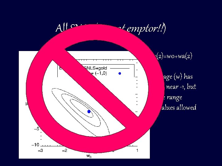 All SN Ia (caveat emptor!!) w(z)=w 0+wa(z) average (w) has to be near -1,