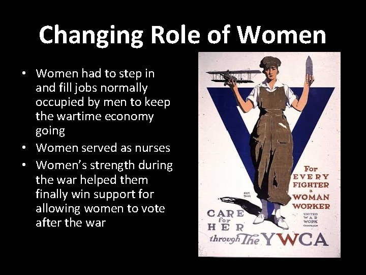 Changing Role of Women • Women had to step in and fill jobs normally