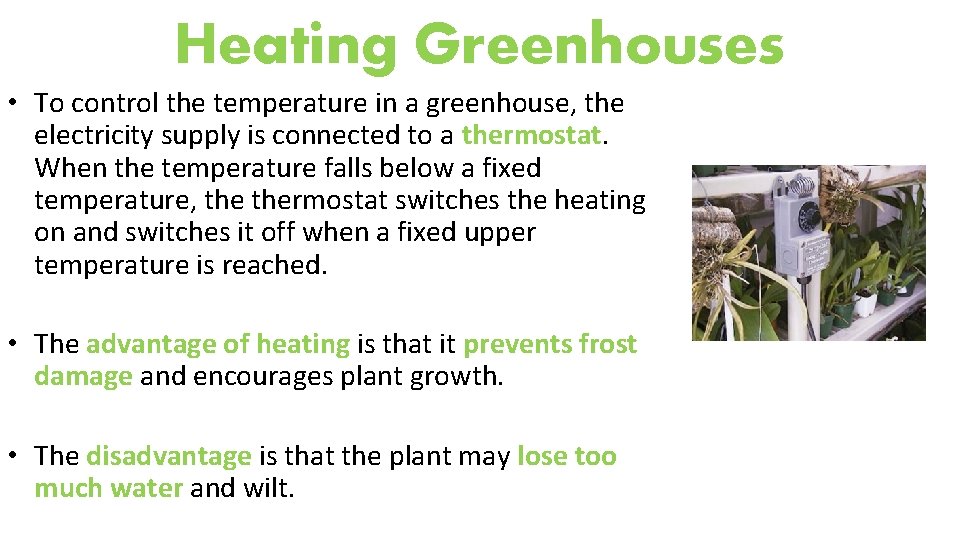 Heating Greenhouses • To control the temperature in a greenhouse, the electricity supply is