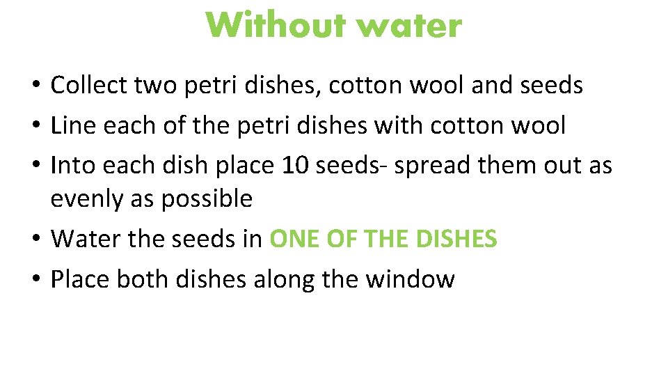 Without water • Collect two petri dishes, cotton wool and seeds • Line each