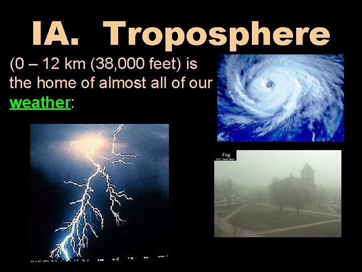 IA. Troposphere (0 – 12 km (38, 000 feet) is the home of almost