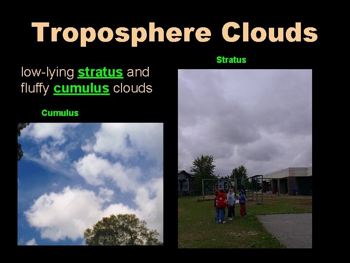 Troposphere Clouds low-lying stratus and fluffy cumulus clouds Cumulus Stratus 