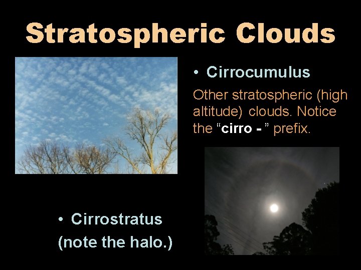 Stratospheric Clouds • Cirrocumulus Other stratospheric (high altitude) clouds. Notice the “cirro - ”