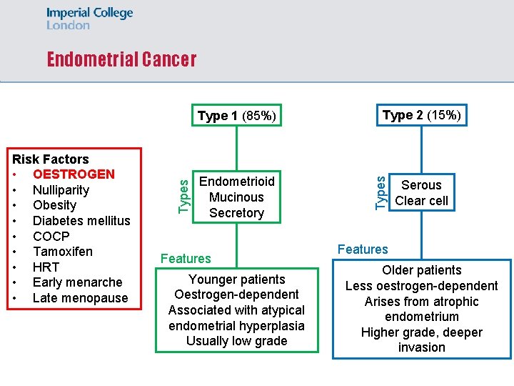 Endometrial Cancer Endometrioid Mucinous Secretory Features Younger patients Oestrogen-dependent Associated with atypical endometrial hyperplasia