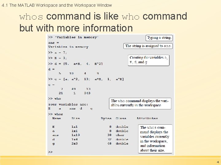 4. 1 The MATLAB Workspace and the Workspace Window whos command is like who 4. 1 The MATLAB Workspace and the Workspace Window whos command is like who
