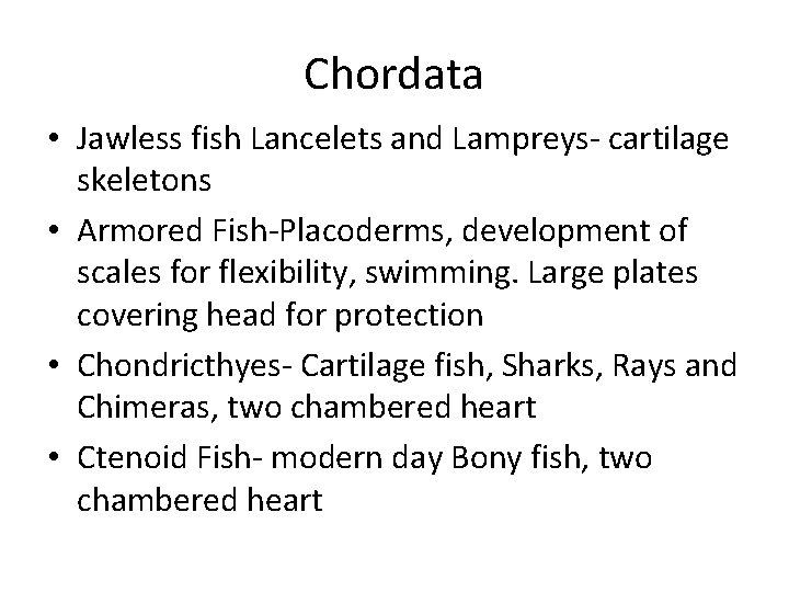 Chordata • Jawless fish Lancelets and Lampreys- cartilage skeletons • Armored Fish-Placoderms, development of