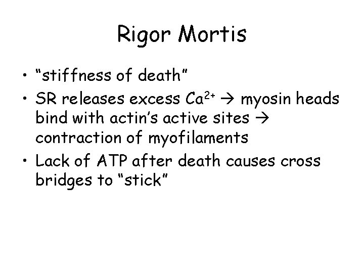 Rigor Mortis • “stiffness of death” • SR releases excess Ca 2+ myosin heads