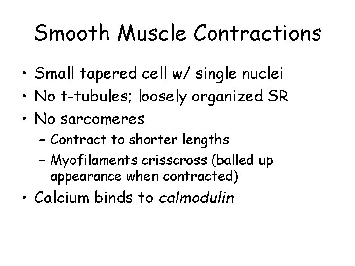 Smooth Muscle Contractions • Small tapered cell w/ single nuclei • No t-tubules; loosely