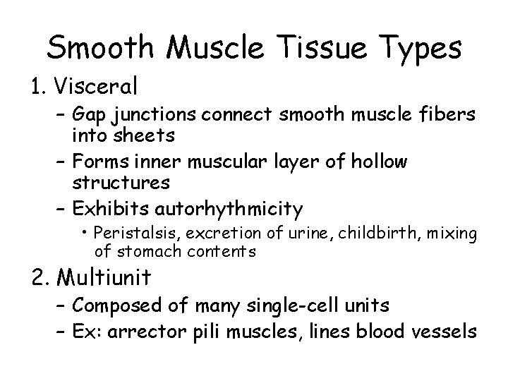 Smooth Muscle Tissue Types 1. Visceral – Gap junctions connect smooth muscle fibers into