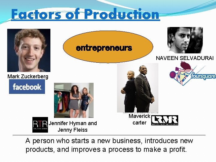 Factors of Production entrepreneurs NAVEEN SELVADURAI Mark Zuckerberg Jennifer Hyman and Jenny Fleiss Maverick