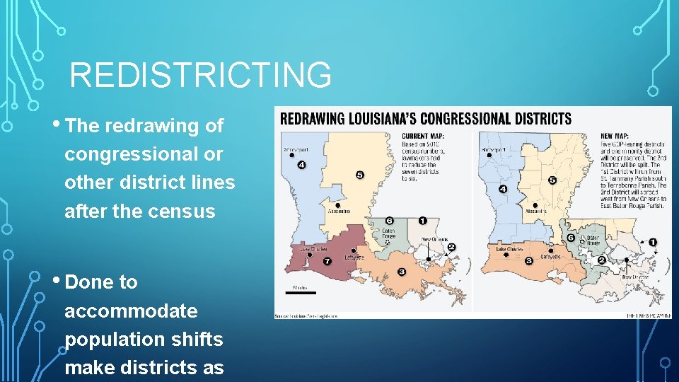 REDISTRICTING • The redrawing of congressional or other district lines after the census •