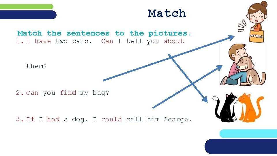 Match the sentences to the pictures. 1. I have two cats. Can I tell
