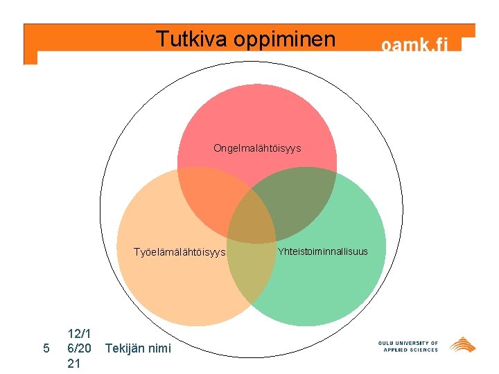 Tutkiva oppiminen Ongelmalähtöisyys Työelämälähtöisyys 5 12/1 6/20 21 Tekijän nimi Yhteistoiminnallisuus 