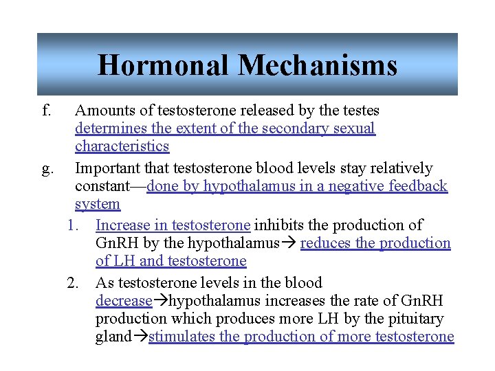 Hormonal Mechanisms f. Amounts of testosterone released by the testes determines the extent of Hormonal Mechanisms f. Amounts of testosterone released by the testes determines the extent of
