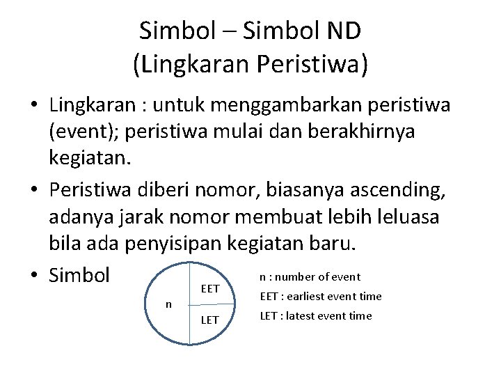 Simbol – Simbol ND (Lingkaran Peristiwa) • Lingkaran : untuk menggambarkan peristiwa (event); peristiwa