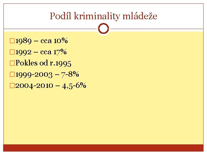 Podíl kriminality mládeže � 1989 – cca 10% � 1992 – cca 17% �Pokles