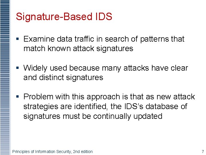 Signature-Based IDS § Examine data traffic in search of patterns that match known attack