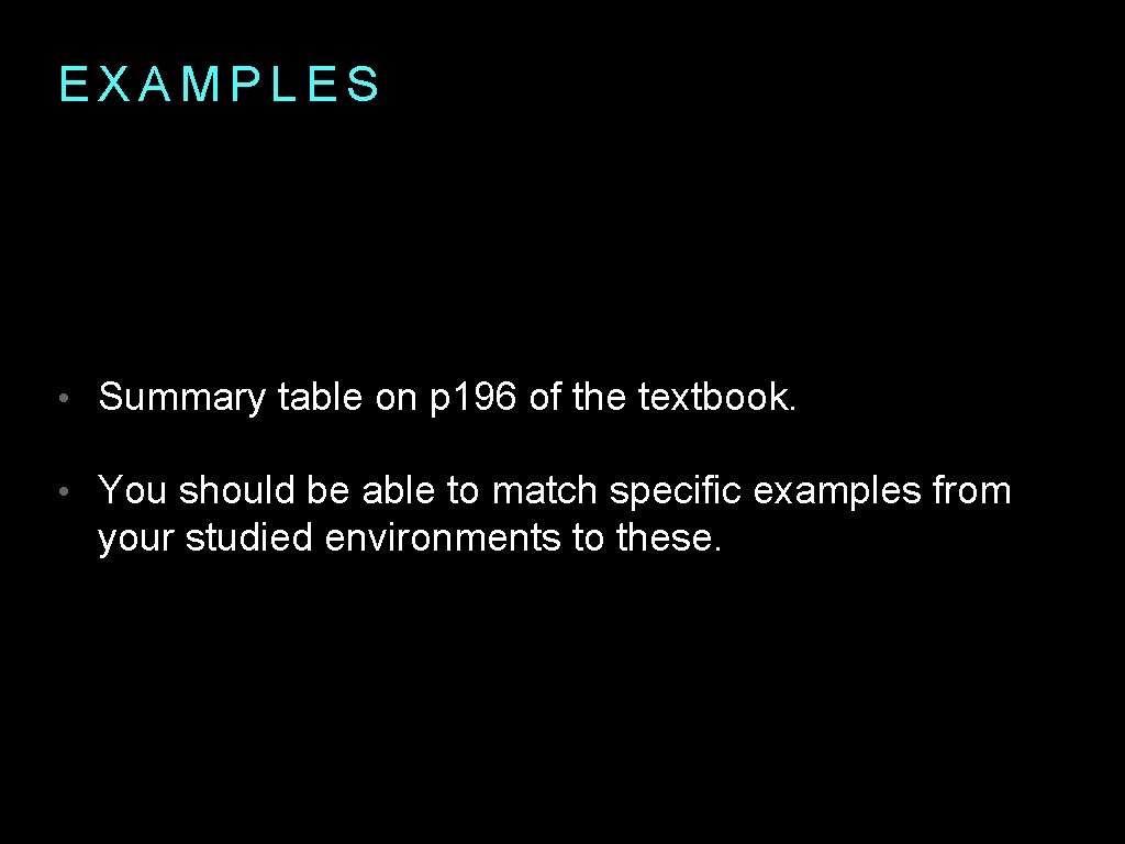EXAMPLES • Summary table on p 196 of the textbook. • You should be