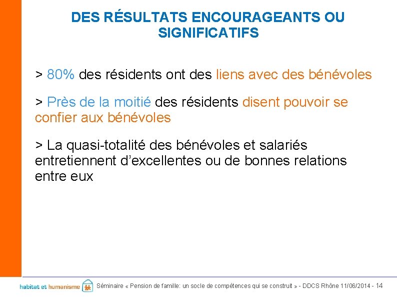 DES RÉSULTATS ENCOURAGEANTS OU SIGNIFICATIFS > 80% des résidents ont des liens avec des