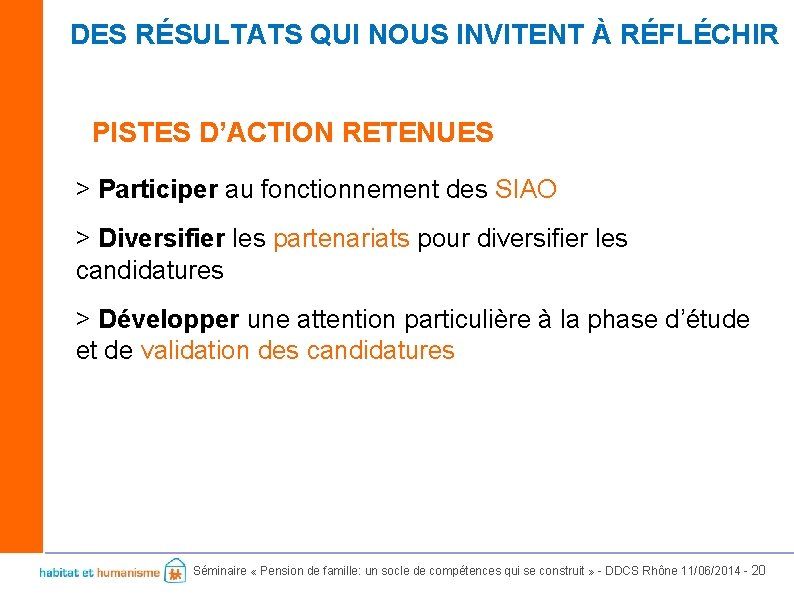 DES RÉSULTATS QUI NOUS INVITENT À RÉFLÉCHIR PISTES D’ACTION RETENUES > Participer au fonctionnement