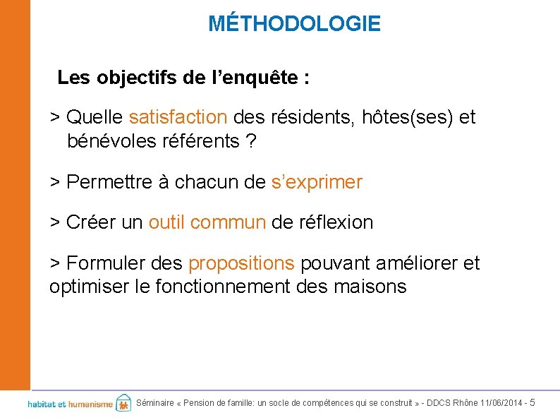 MÉTHODOLOGIE Les objectifs de l’enquête : > Quelle satisfaction des résidents, hôtes(ses) et bénévoles