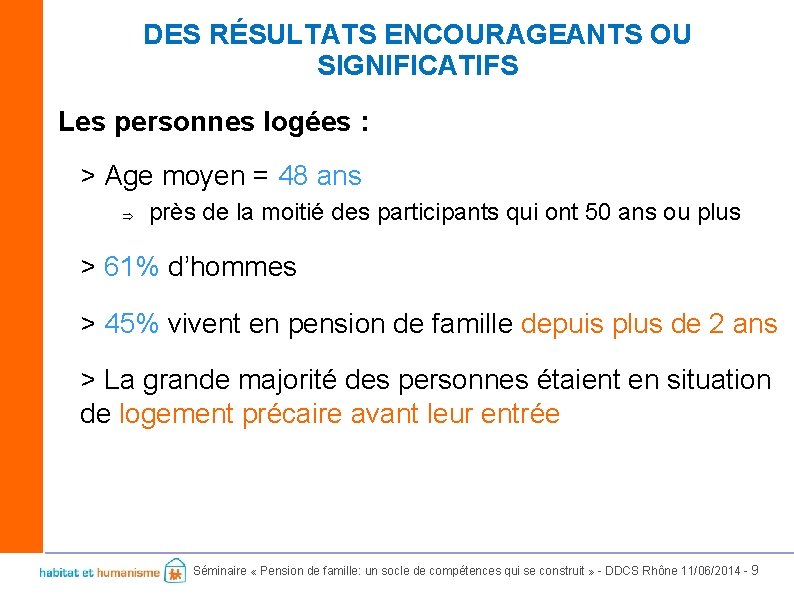 DES RÉSULTATS ENCOURAGEANTS OU SIGNIFICATIFS Les personnes logées : > Age moyen = 48