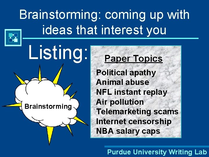Brainstorming: coming up with ideas that interest you Listing: Brainstorming Paper Topics Political apathy