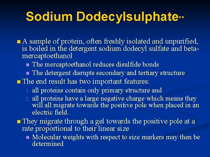 Sodium Dodecylsulphate** n A sample of protein, often freshly isolated and unpurified, is boiled