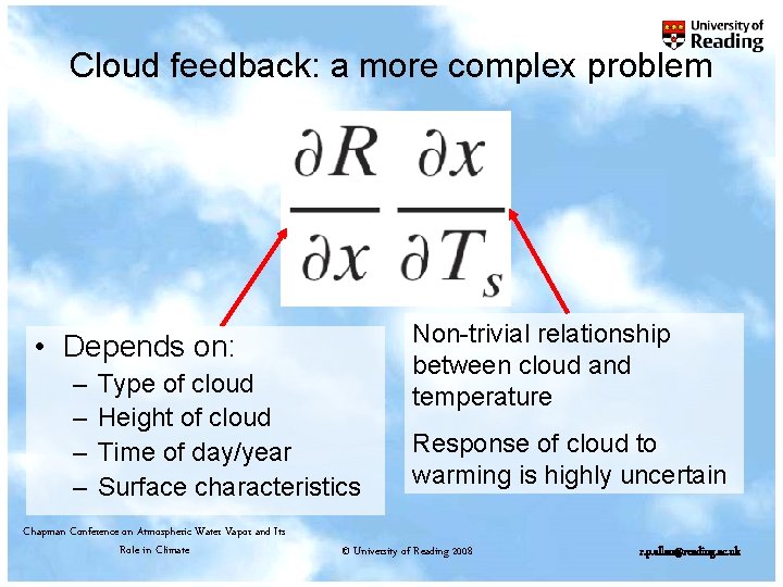 Cloud feedback: a more complex problem • Depends on: – – Type of cloud