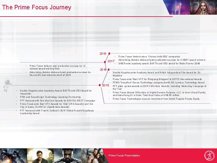 The Prime Focus Journey 2018 • • Prime Focus delivers post-production services for 12