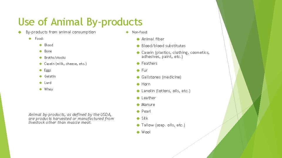 Use of Animal By-products from animal consumption Food: Non-food: Animal fiber Blood/blood substitutes Bone Use of Animal By-products from animal consumption Food: Non-food: Animal fiber Blood/blood substitutes Bone