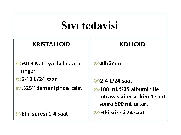 Sıvı tedavisi KRİSTALLOİD %0. 9 Na. CI ya da laktatlı ringer 6 -10 L/24