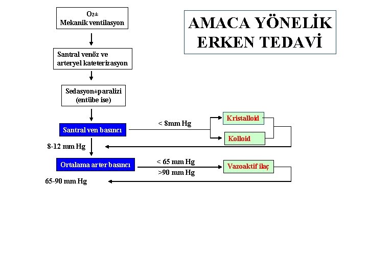 O 2± Mekanik ventilasyon Santral venöz ve arteryel kateterizasyon AMACA YÖNELİK ERKEN TEDAVİ Sedasyon±paralizi