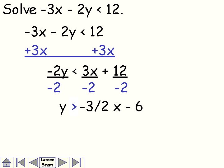 Solve -3 x - 2 y < 12 +3 x -2 y < 3