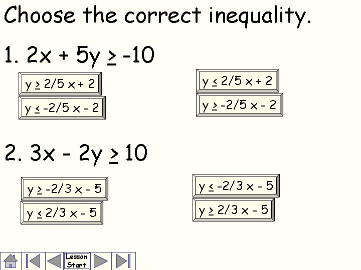 Choose the correct inequality. 1. 2 x + 5 y > -10 y >