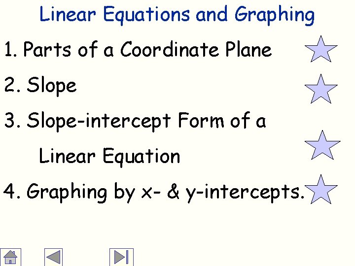 Linear Equations and Graphing 1. Parts of a Coordinate Plane 2. Slope 3. Slope-intercept